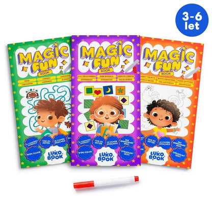 Magic Fun – Sada 3 knih pro rozvoj pozornosti a myšlení | Stíratelné aktivity – bludiště, hledání rozdílů a spojování bodů